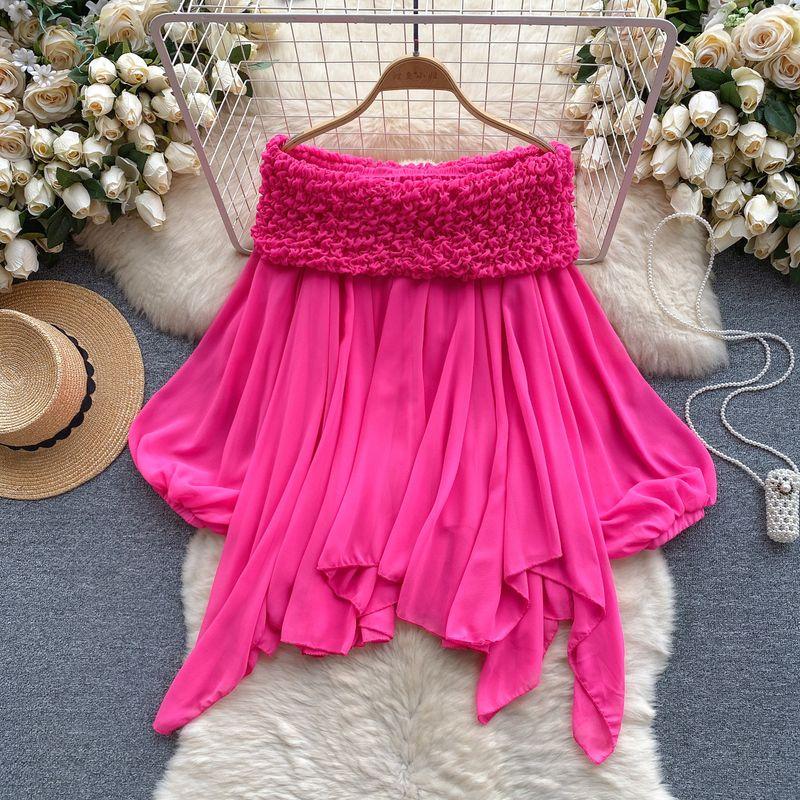 

Fairy Top Super Fairy Sweet Heavy Industry Ruched off-Shoulder off-Shoulder Pure French Style Puff Sleeves Asymmetrical Chiffon Shirt Rose Red All yards