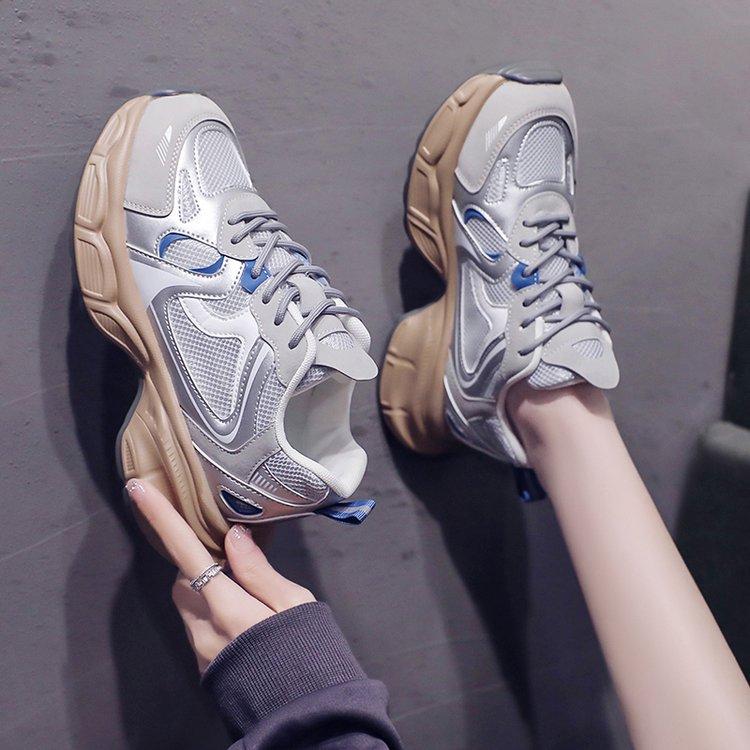 

[Amano] Mesh Daddy Shoes Girl 2025 Spring Thick-soled Height Increase Casual Versatile Running Shoes Show High and Breathable 40 серебряный
