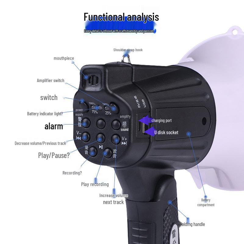 Thunder King CR-622 Bluetooth Rechargeable Folding Megaphone with Recording Alarm.