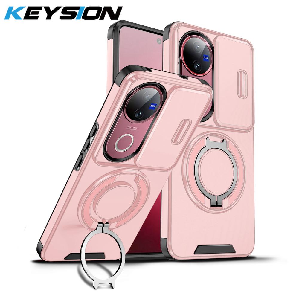 KEYSION 360° Rotating Ring Stand Phone Case for VIVO V50 5G Slide Camera Protection Magnetic Shockproof Back Cover for VIVO V50