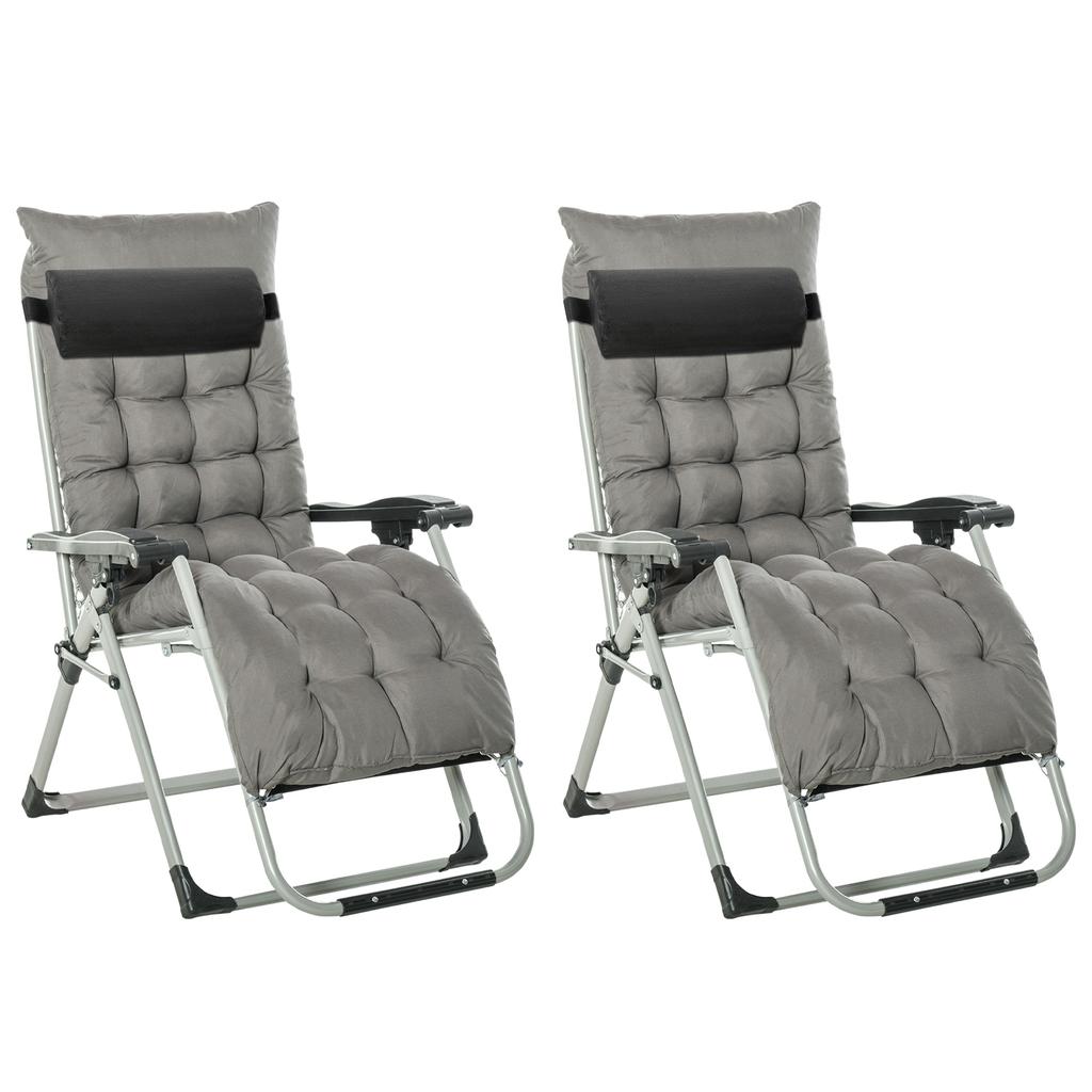 2 Piece Reclining Zero Gravity Sun Loungers with Cushions, Dark Grey