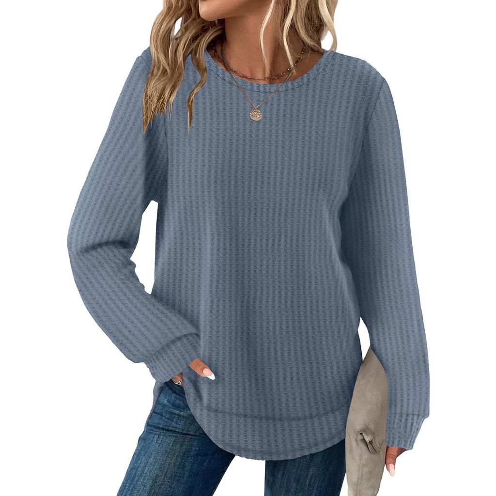 Women's Fashion Solid-Color Loose-Fit Long-Sleeve  Neck Casual Top