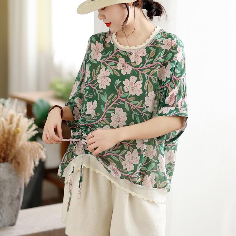 DIMANAF 2026 Plus Size New T-Shirt Women Blouse Lady Tops Tees Print Flower Loose Casual Shirts Oversize Beach Summer