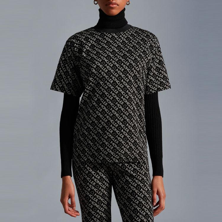 Moncler FW22 Logo All Over Print Round Neck Pullover T-Shirt Women tops Black H20938C00025899TEF90
