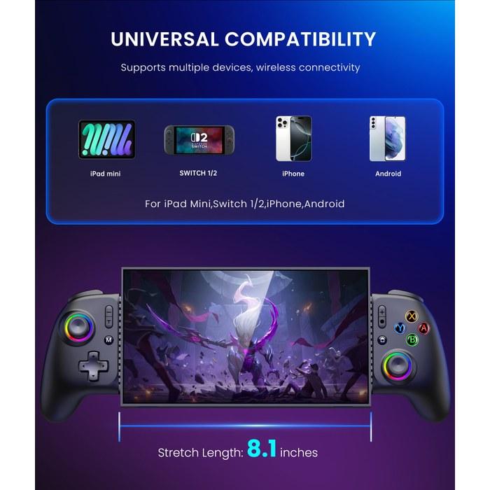 [IINE] Smartphone Controller for Switch 2/Switch/OLED/iOS/Android – 200mm Extendable, RGB Light, Macro Function, Wireless, 1000mAh, with