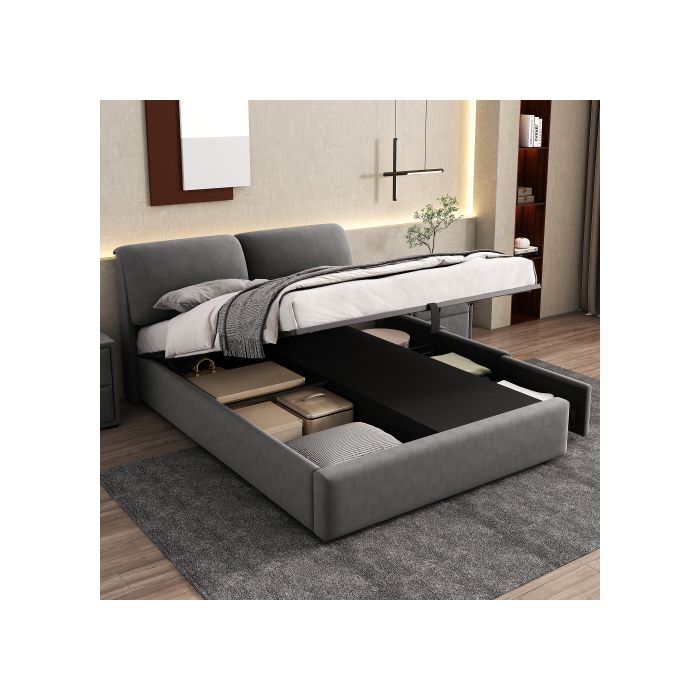 Lit rembourré, 140*190, base hydraulique, trois tiroirs, sans matelas, velours, gris