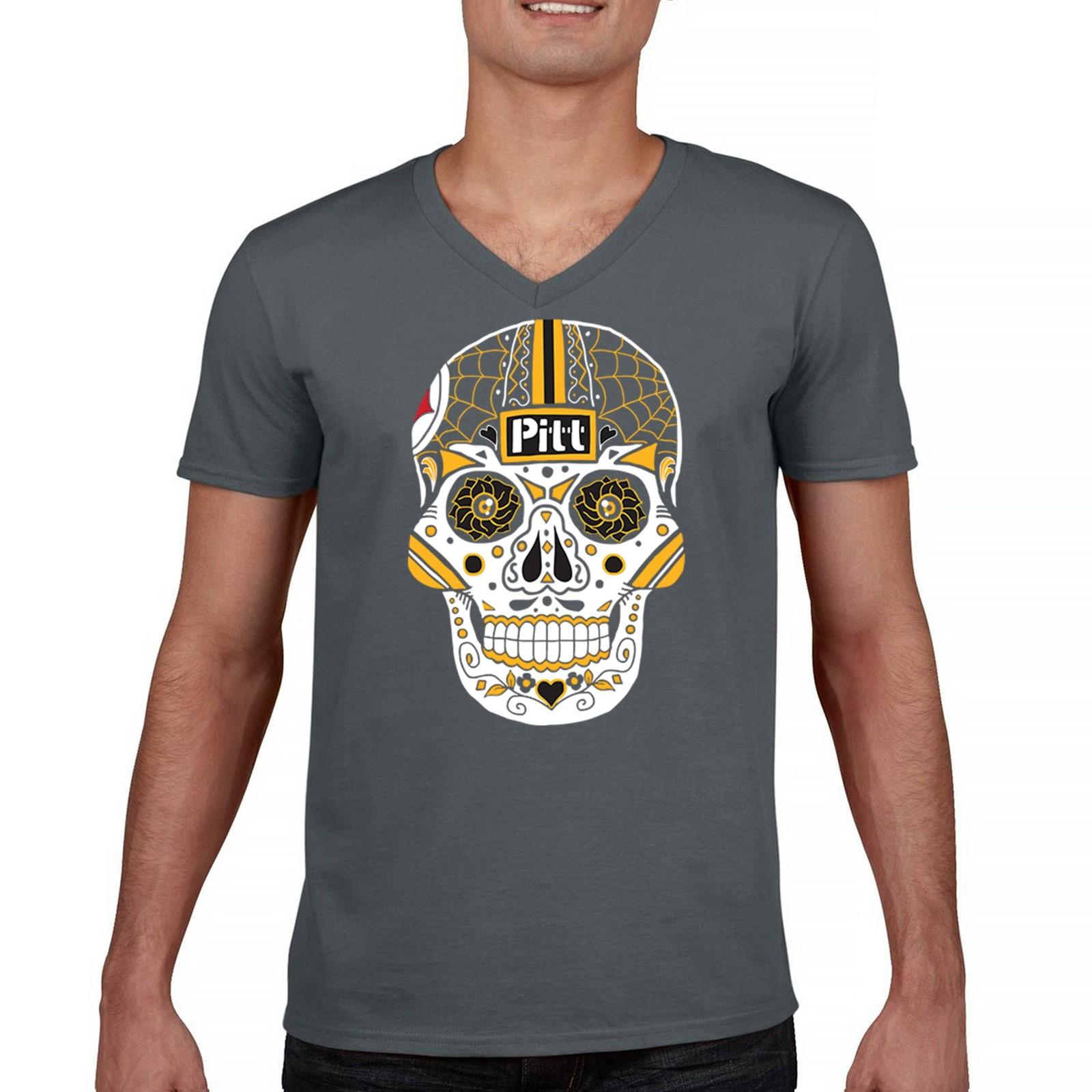 Pittsburgh Sugar Skull Men s V-Neck T-shirt Steel City Football Fan Tailgate S