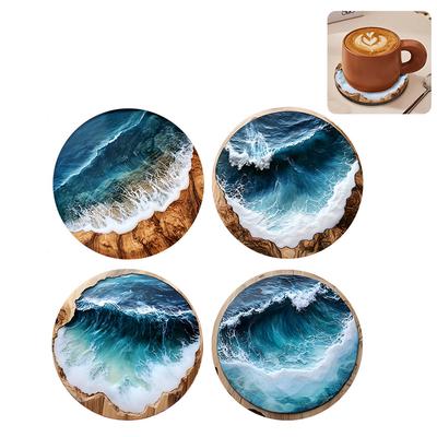 4/6 Pcs Blue Ocean Round Wooden Coasters & Placemats Set Home Cafe Party Table Decor Durable Drink Coasters For Stylish Dining