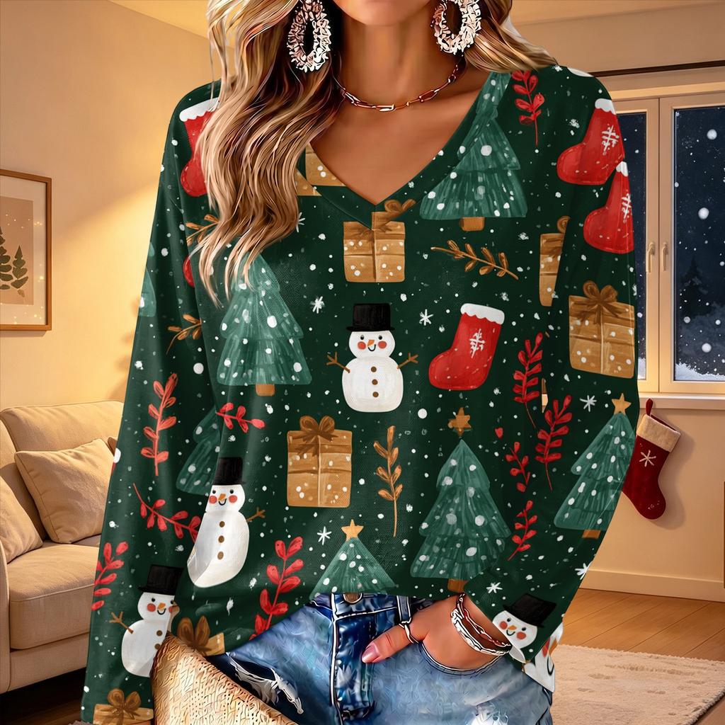Women's V-Neck Long Sleeve Christmas Print Lightweight Blouse for Spring and Summer