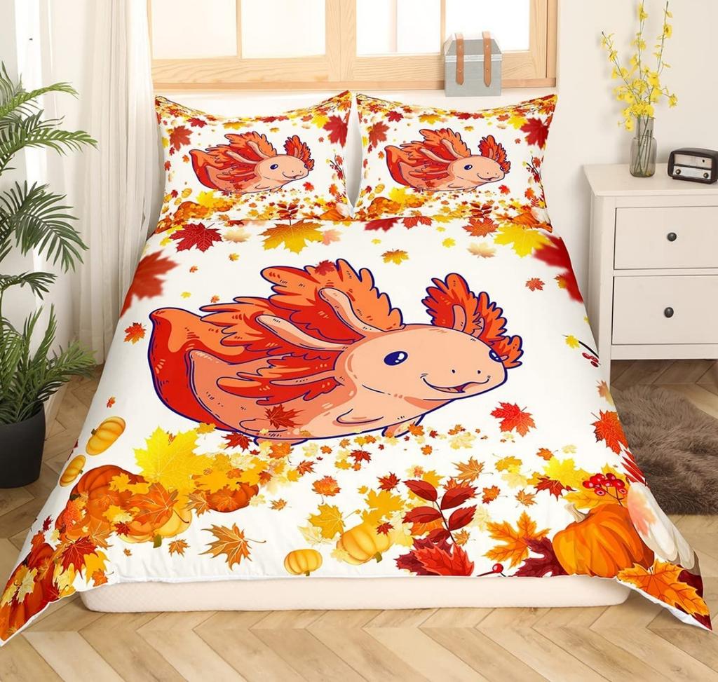 Cartoon Pink Axolotl Floral Duvet Cover King Size 3D Cute Salamander Bedding Set Suitable For Boys Girls Room Decoration 3 Pcs