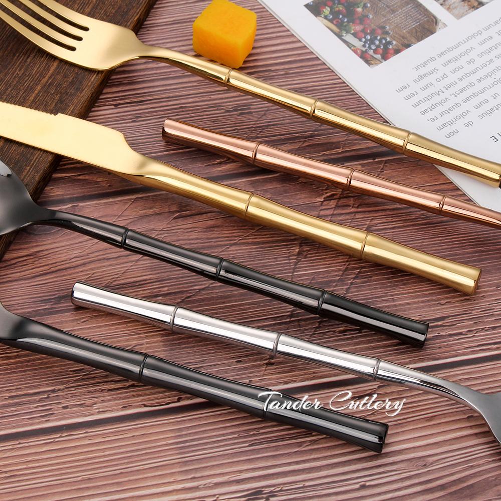 6/24/30Pcs Stainless Steel 304 Tableware Gold Cutlery Set Western Bamboo Shaped Handle Knife Fork Spoon Mirror Dinner Set