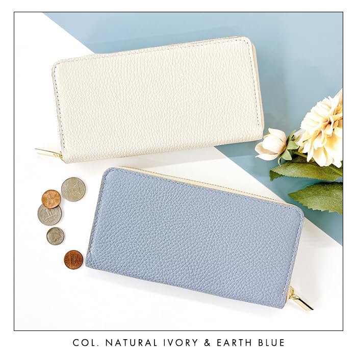 Genuine leather long wallet for men and women in natural ivory. Features a round zipper closure, coin purse, and card slots.