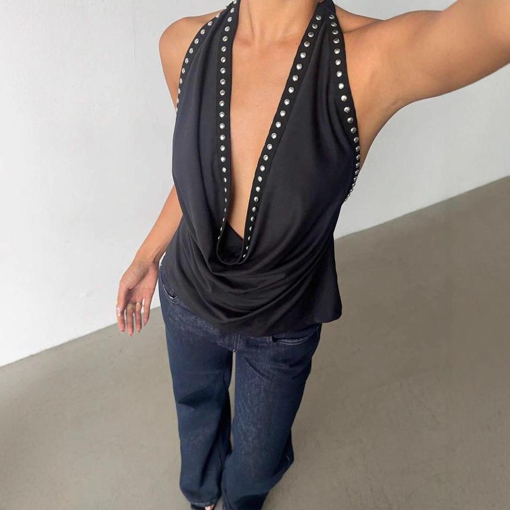 2025 European Retro Backless Rivet Halter Top for Women