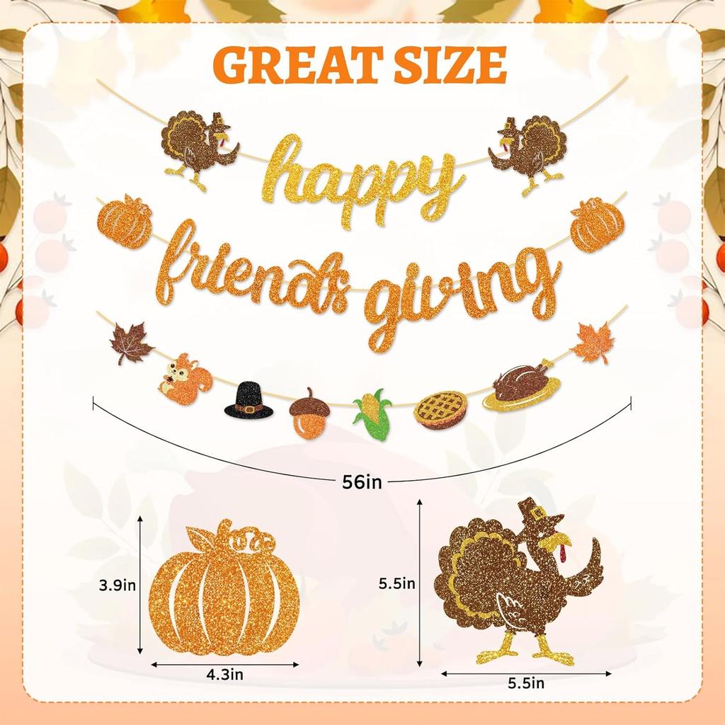 Happy Friendsgiving Banner Thanksgiving Party Decorations Glitter Friends Giving Garland Plastic Pre Strung Streamers Turkey Pumpkin Fall Leaves Sign