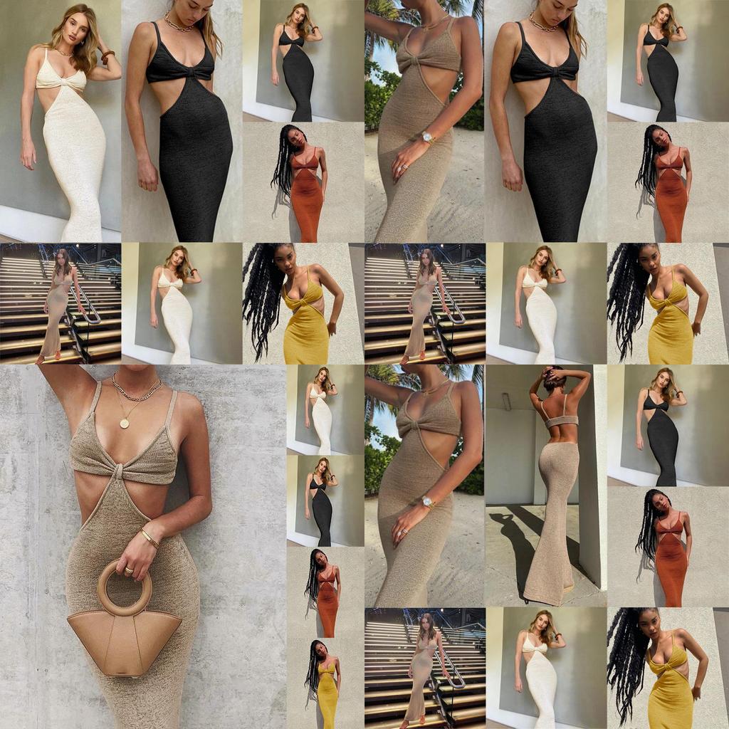 Spaghetti Maxi Dresse Strap Hollow Out Bodycon Dress Backless Cut Out Wrap Dress