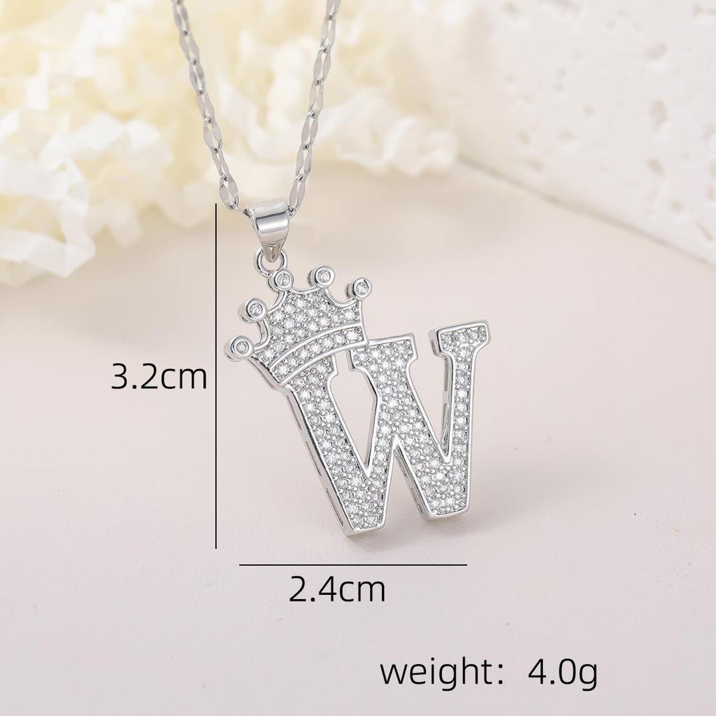 Copper Micro-Inlaid Zircon Crown Letter Pendant Necklace - Hip-Hop Silver Fashion