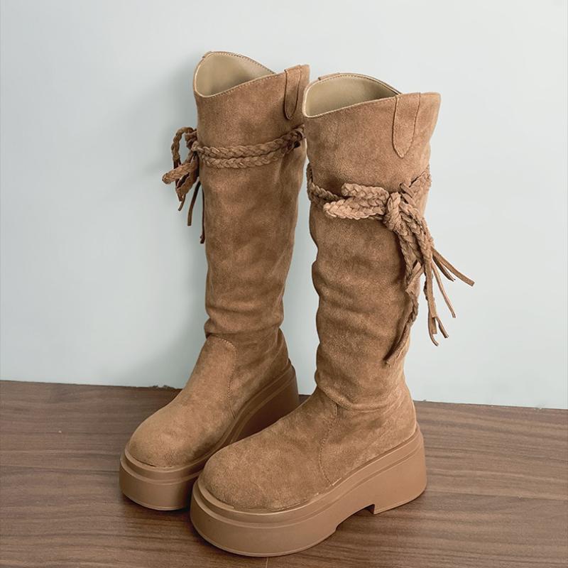 

Winter Platform Tassel Women Western Cowboy Boots Elegant Slip On Shoes Thick Sole Knight Long Botas De Mujer 35