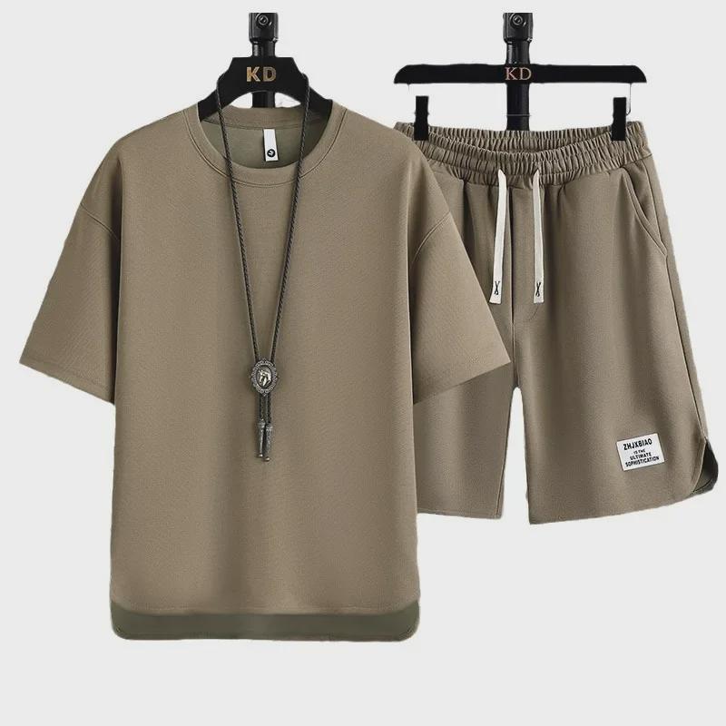 Men's Korean Summer Waffle Short-Sleeve T-Shirt & Casual Sports Two-Piece Set