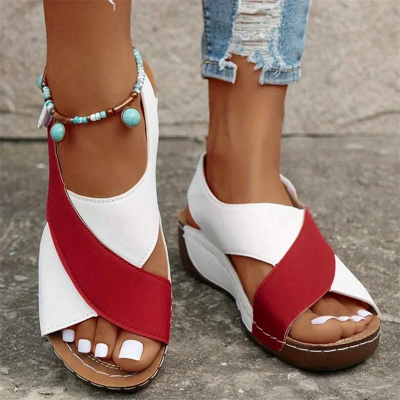 Fashion Women Wedge Sandals 2025 New Comfortable Non Slip Beach Shoes Woman Mix Color Leather Platform Roman Sandals Zapatos De Mujer