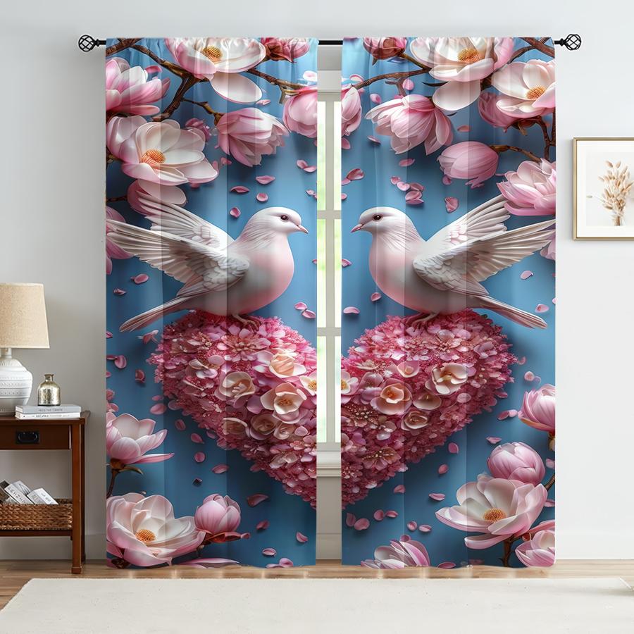 

2PCS Blue Base Pink Flower White Dove Heart Curtains Spring Blossoming Romance Bedroom and Living Room Pull up Pocket Style 100*130 HOOK 1pcs