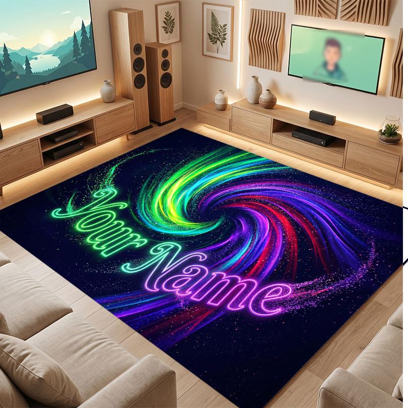 Neon Colorful Theme Crystal Velvet Floor Rug Personalized Custom Name Text Warm Carpet Home Decoration