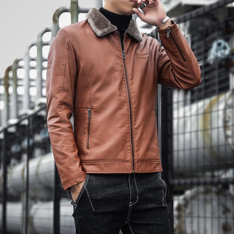 Thickened Fleece Leather Jacket Leather Men's Leather Jacket Autumn and Winter Locomotive Clothing Casual Loose Lapel Jacket Men