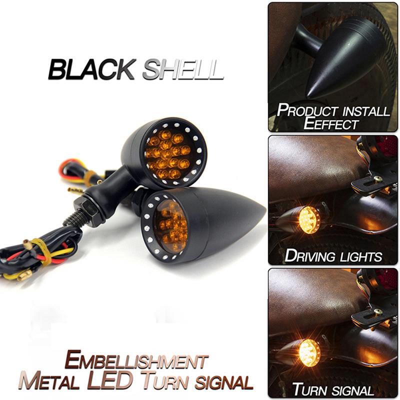 1 Pair Black/Chrome Motorcycle 12V Amber Mesh Lens LED Turn Signal Brake Light Universal 10mm Aluminum Housing