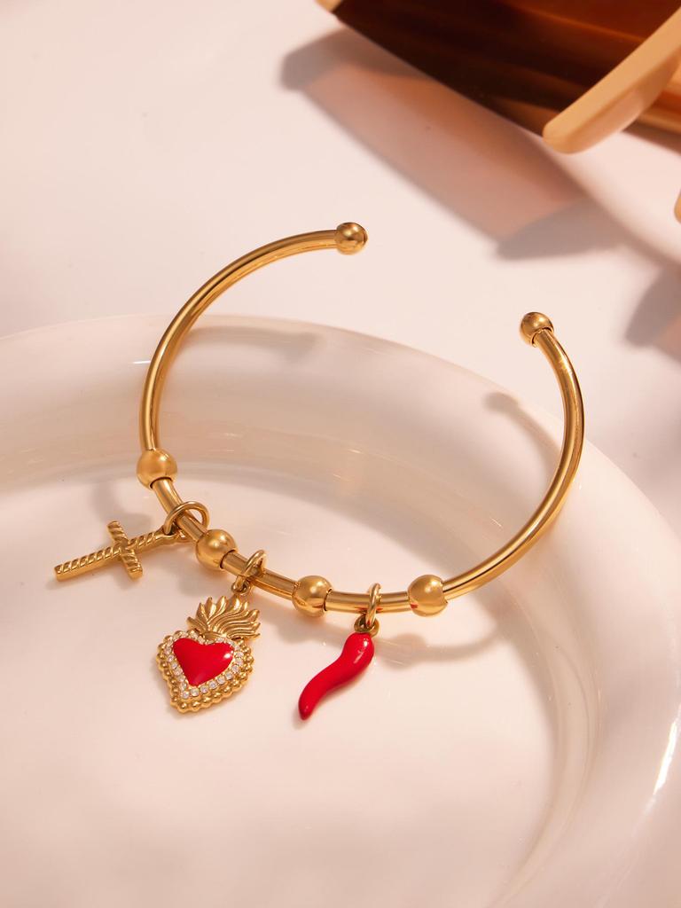 Qiong Yao Geometric Open Cuff & Enamel Heart Bracelet Set - Vacation Style