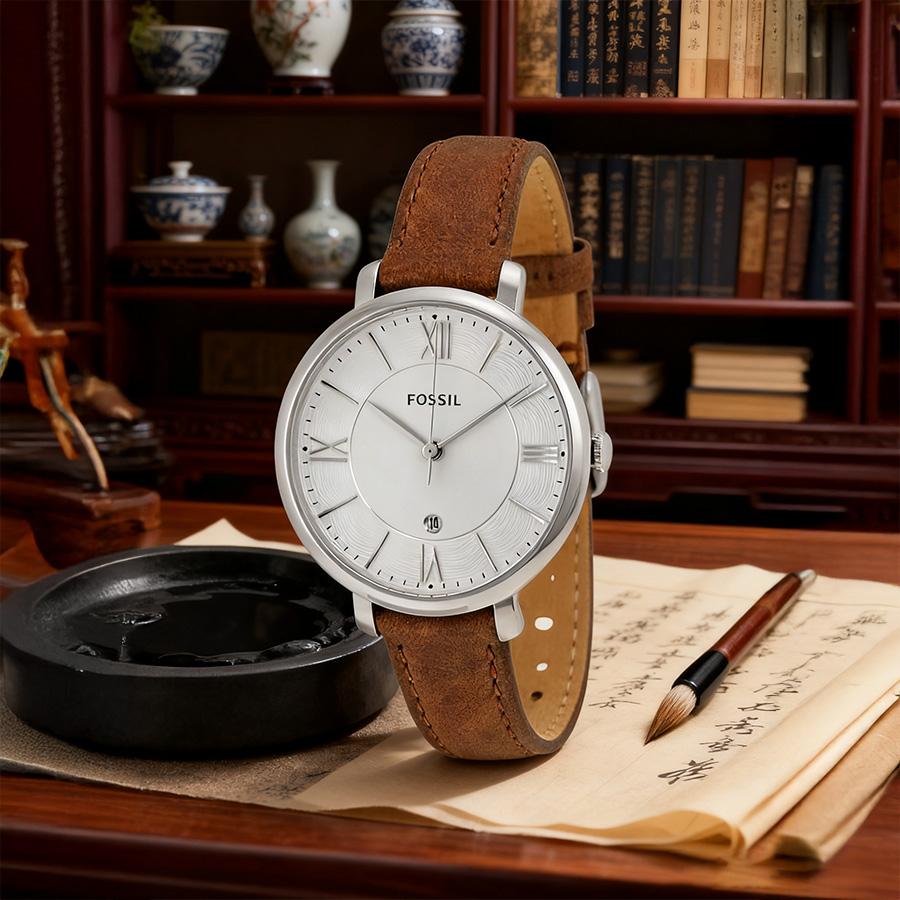 Fossil Jacqueline White Dial Brown Leather Strap Watch for Women - ES3708
