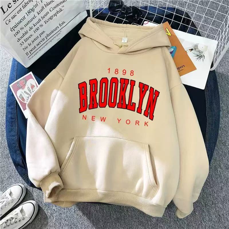 Women Hoodie Brooklyn Letter Print Fleece Lined Thick Oversized Loose Mid-Length Pullover Hooded Sweatshirt Korean Lazy Style Autumn Winter Casual Top