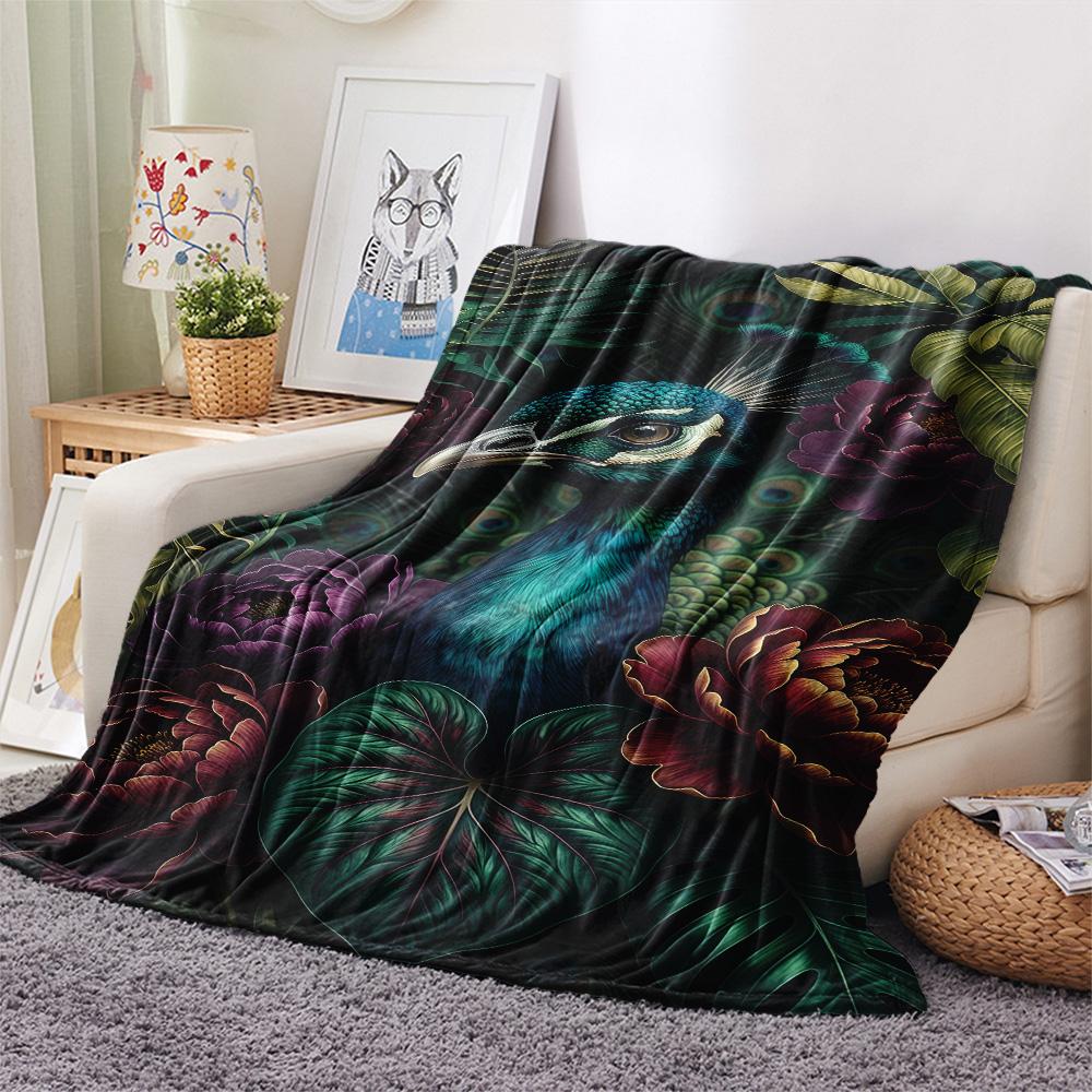 1PC Peacocks and Plants  Print FlAannel Blanket, High quality Comfortable for All Seasons, Home Decor, Warmth and Comfort
