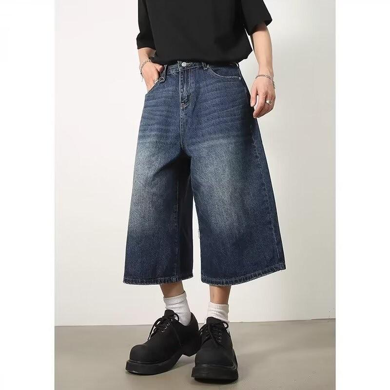 Pánské japonské retro džínové šortky - Trendy, volný, širokonohý styl pro letní módu