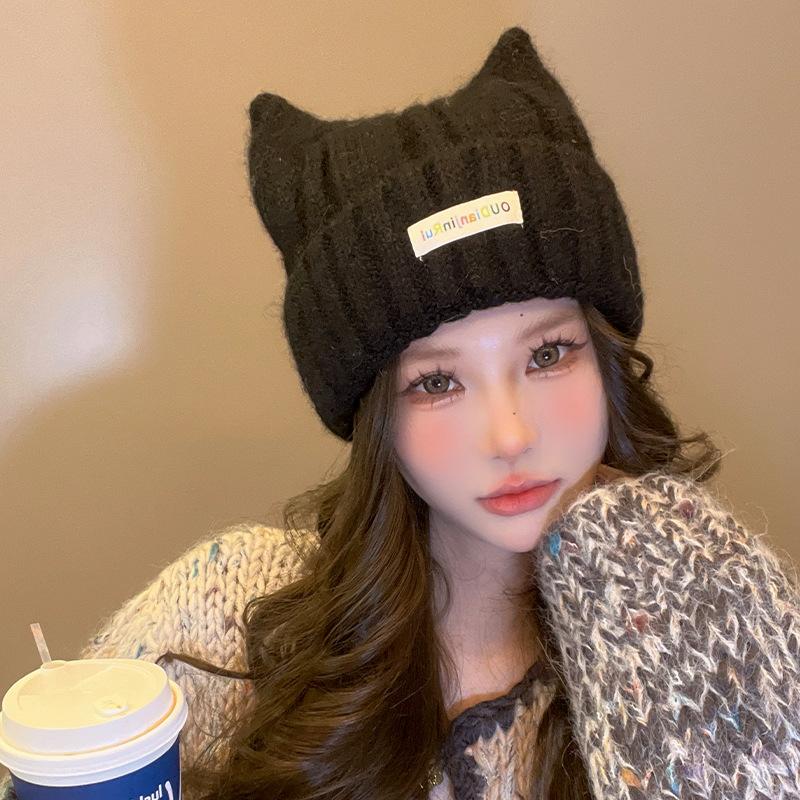 Japanese Cat Ear Woolen Hat for Women In Autumn and Winter Warm and Cute Knitted Hat Korean Style Casual All Match Pullover Cold Hat