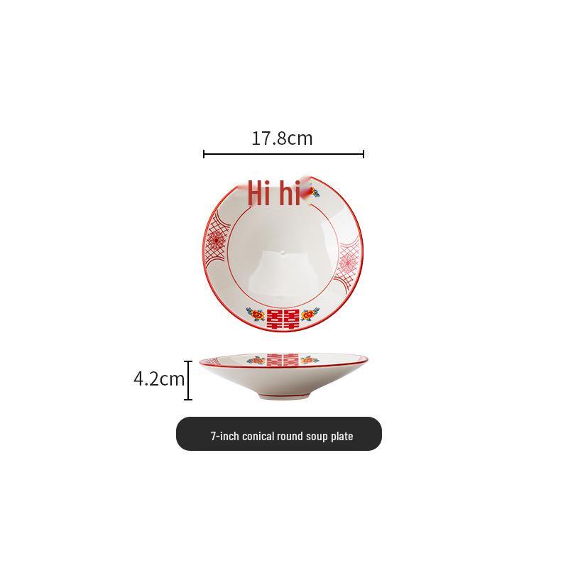 Set di Piatto Rotondo Rosso Ceramica Retrò Doppia Felicità - Piatto Basso, Piatto Piatto, Piatto per Hot Pot, Piatto per Carne, Piatto per Salsa e Piatto per Pesce per Tavola da Ristorante.