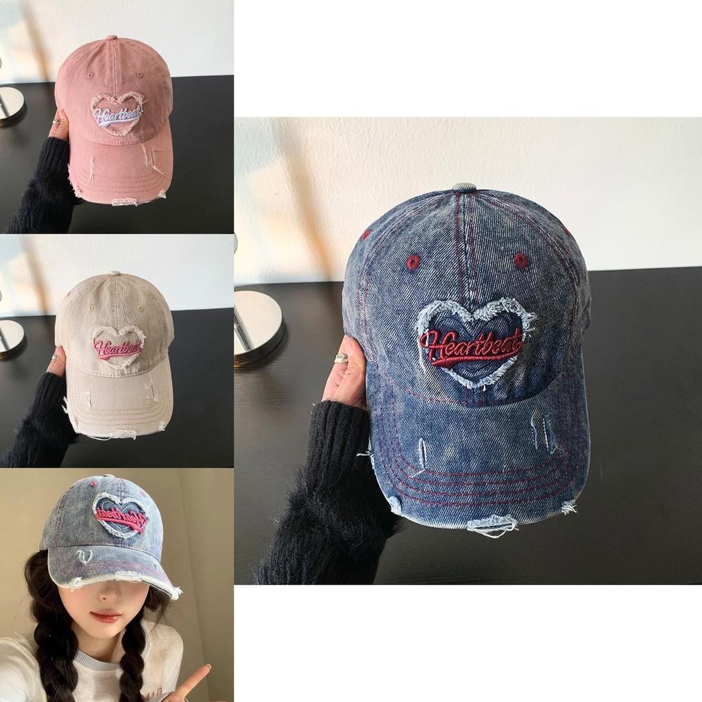Vintage Style Cotton Denim Baseball Cap For Women With Wide Brim And Distressed Design
