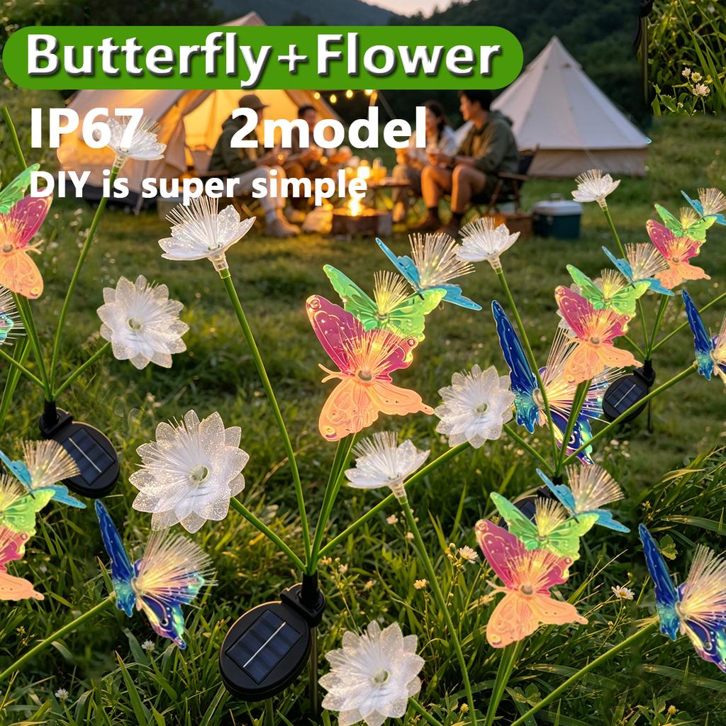 Colorful/Warm Solar Butterfly Flower Lights Fiber Optic LED Garden Stake Lights Waterproof Outdoor Decor for Yard Lawn Patio 2pack