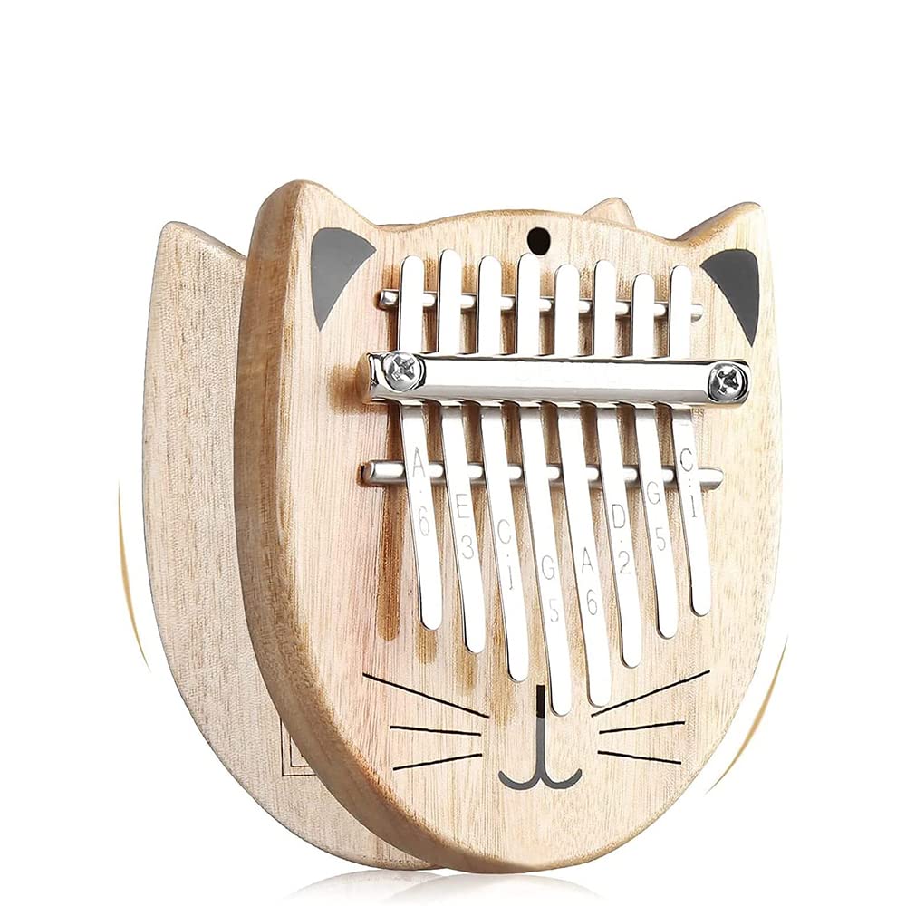 GECKO Kalimba 8-Key Beginner's Set, Thumb Piano with Cute Cat Design, Made of Camphor Wood, Includes Gift Case & Box, Adjustment Hammer, Strap, and