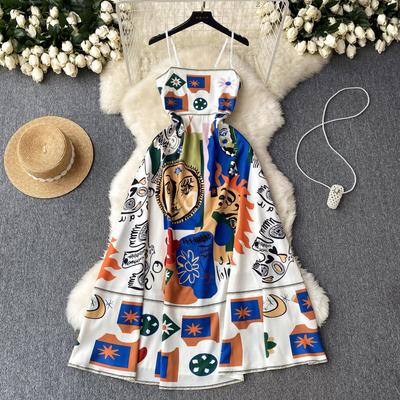 Ethnic Vintage Painting Graffiti Print Beach Holiday Dress Women's New Fashion Summer Sleeveless Spaghetti Strap Casual Dresses