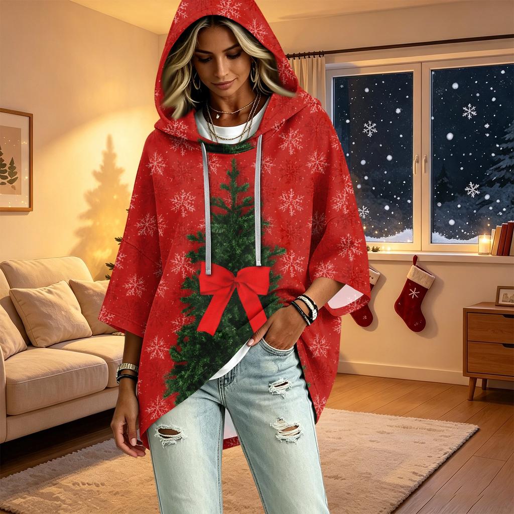 Women's Christmas Print Three-Quarter Sleeve Hooded Pullover Top