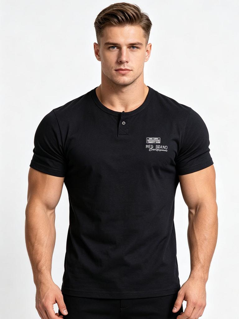 Men's Plus Size Henley T-Shirt (Up to 6XL) - 95% Cotton Short Sleeve Crew Neck Tee with Chest Logo - Big and Tall Casual Summer Top