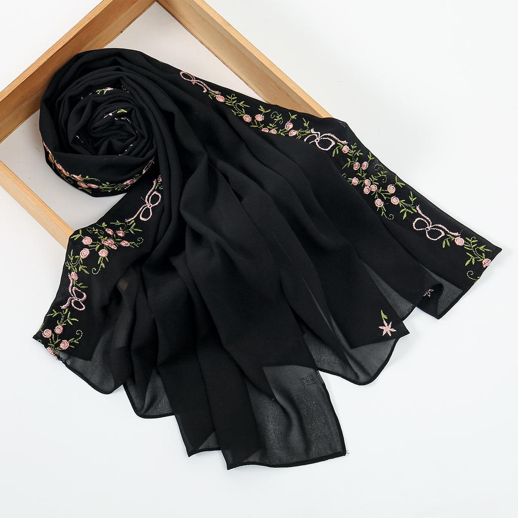 Woman Muslim Chiffon Hijab Scarf Ramadan Long Shawl Floral Embroidery Fashion Islam Solid Turban Headscarf Headwrap170*70cm