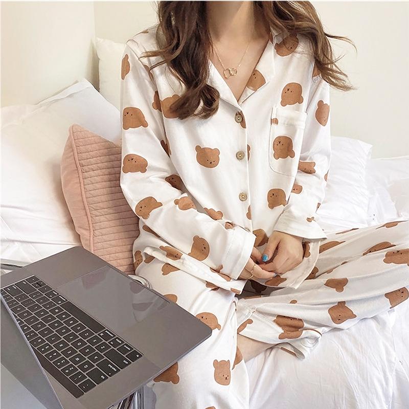 Spring And Autumn Pajamas Women'S Cardigan Long-Sleeved Trousers Korean Girls' Simple Cartoon Loungewear Suit Can Be Worn Outside