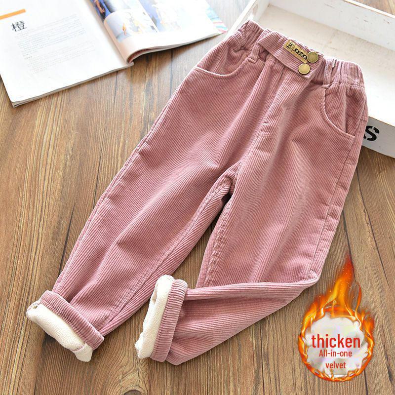 Girls' Thickened Corduroy Pants - Autumn/Winter Style, Plush Outerwear, Fleece Lined, One-Piece Cotton for Babies and Children.