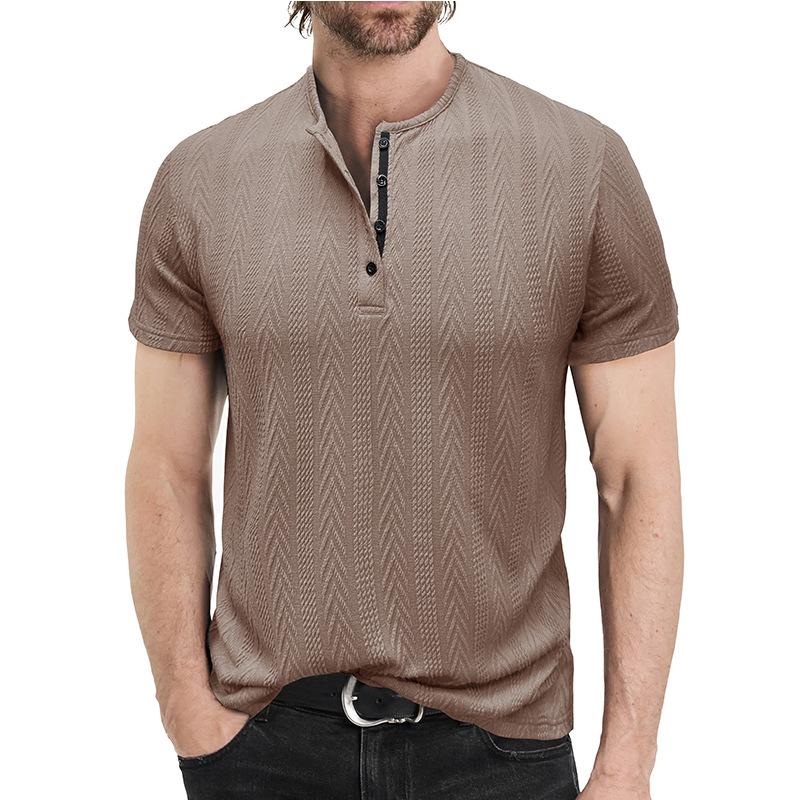 Mens Summer Short Sleeve Knitted Henley Shirt Striped Casual Tee