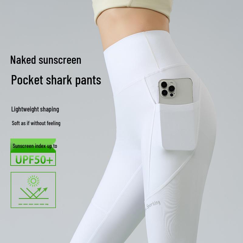 

Women s High Waist Ice Silk Shark Yoga Pants with Pockets - Sunscreen, Summer Sports, Slimming Abdomen Control. L