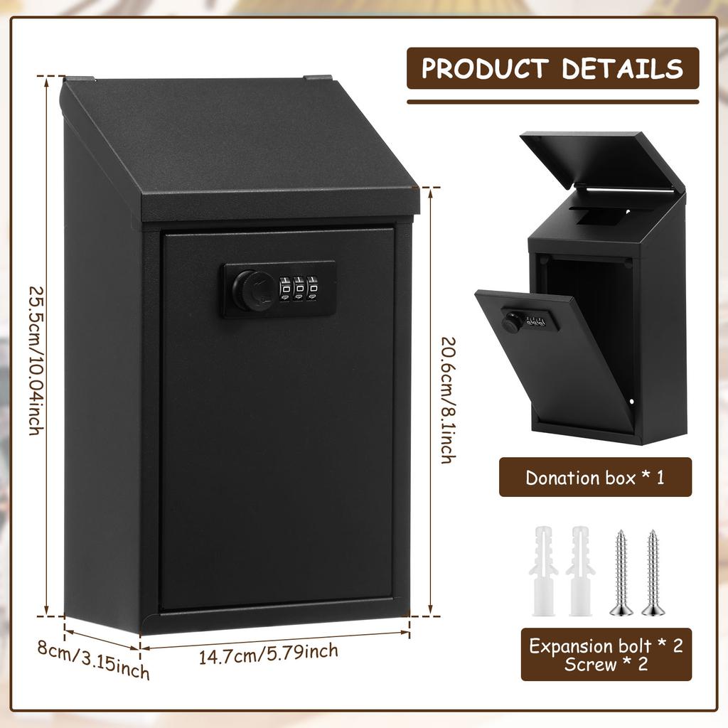 Metal Donation Box Locking Suggestion Box Wall Mounted Mailbox Charity Collection Box Cash Home Office Outdoor Secure Drop Box