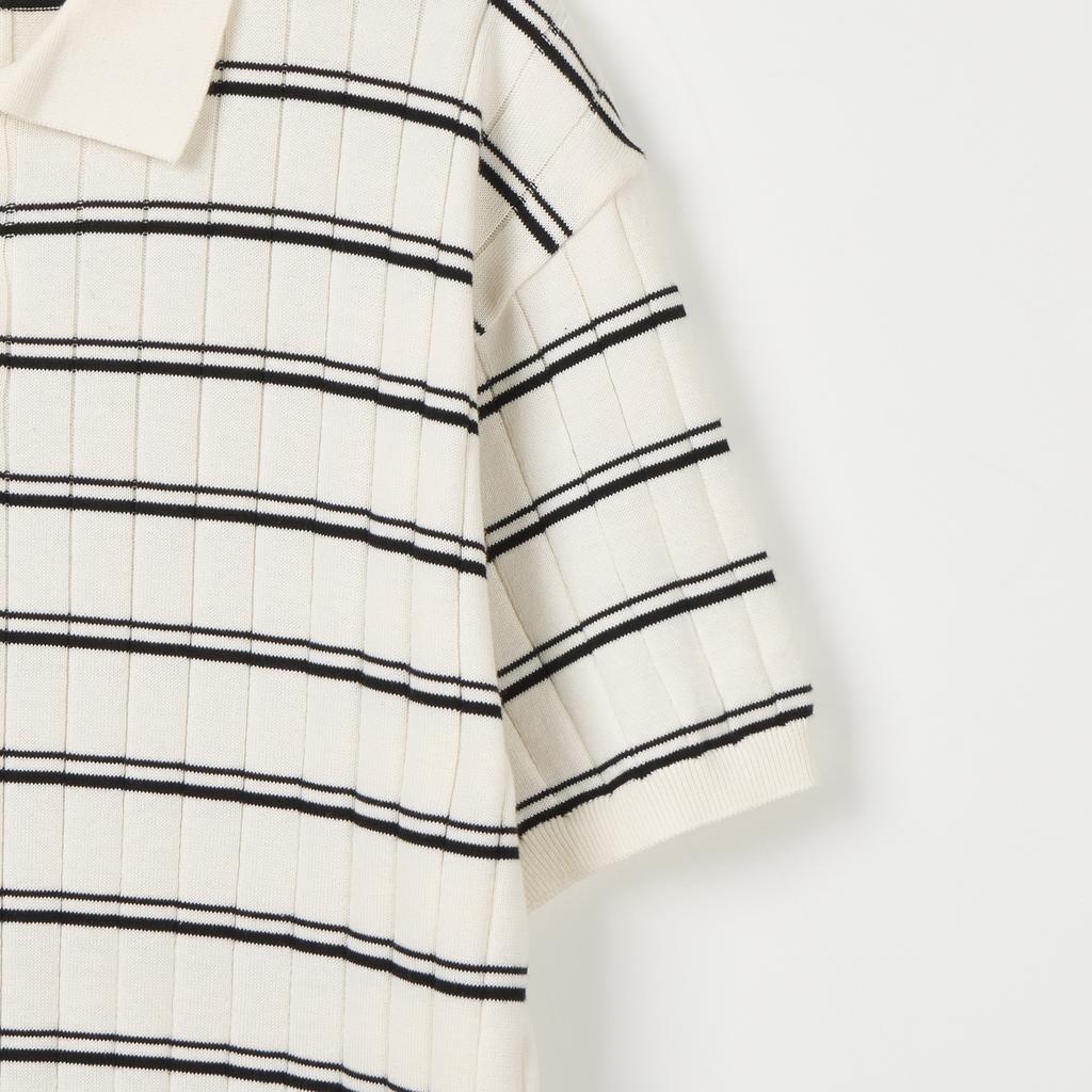 NODU Collar Block Stripe Short Sleeve Knit [Ivory]
