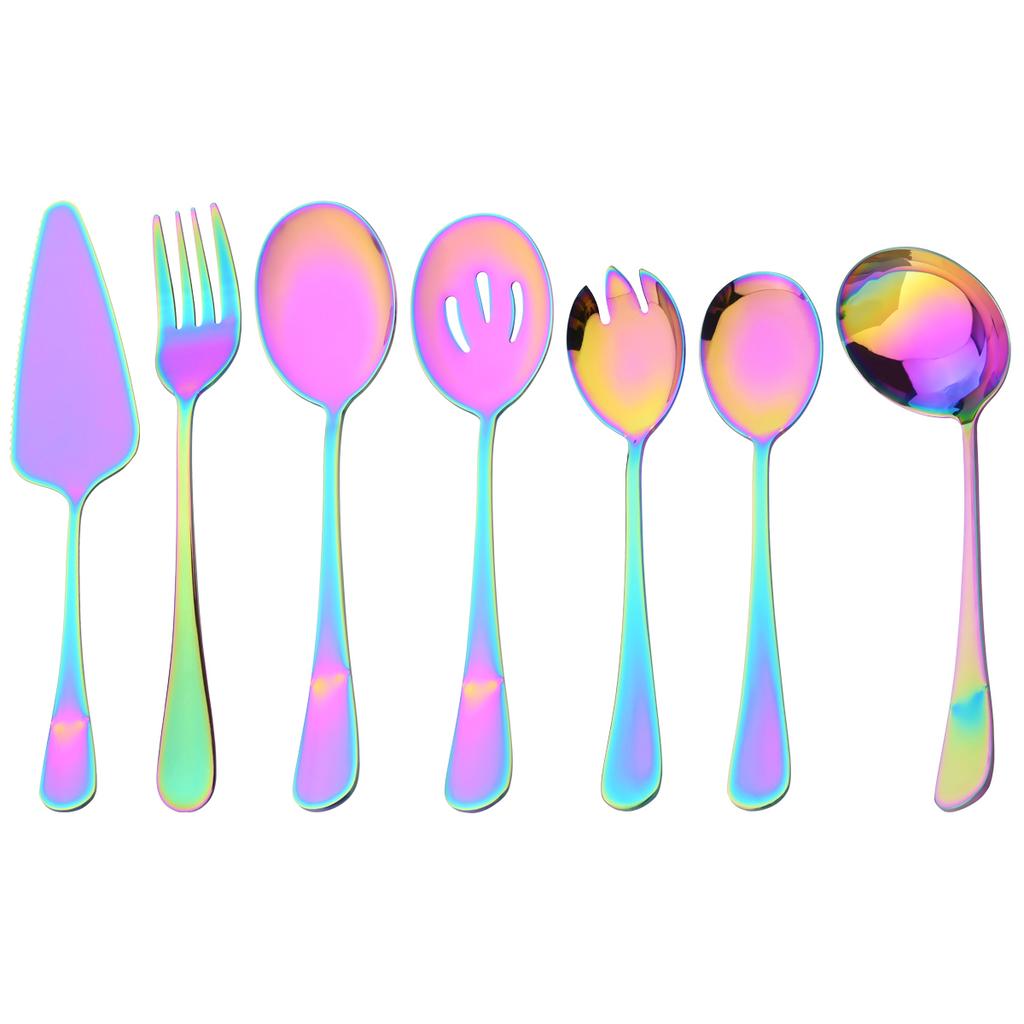 7 stk Flerfarget servisesett Kakespatel Service Suppeskje dørslag skje salatgaffel skjeer bestikksett rustfritt stål servise