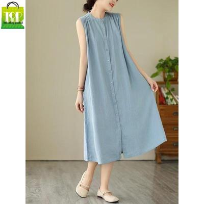 2026 New Summer Casual Sleeveless Cotton Linen Dress - Slimming, Loose Fit, Solid Color
