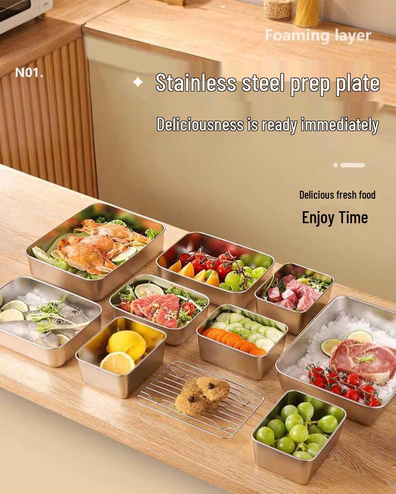 Food Grade 304 Stainless Steel Square Prep Dish with Lid